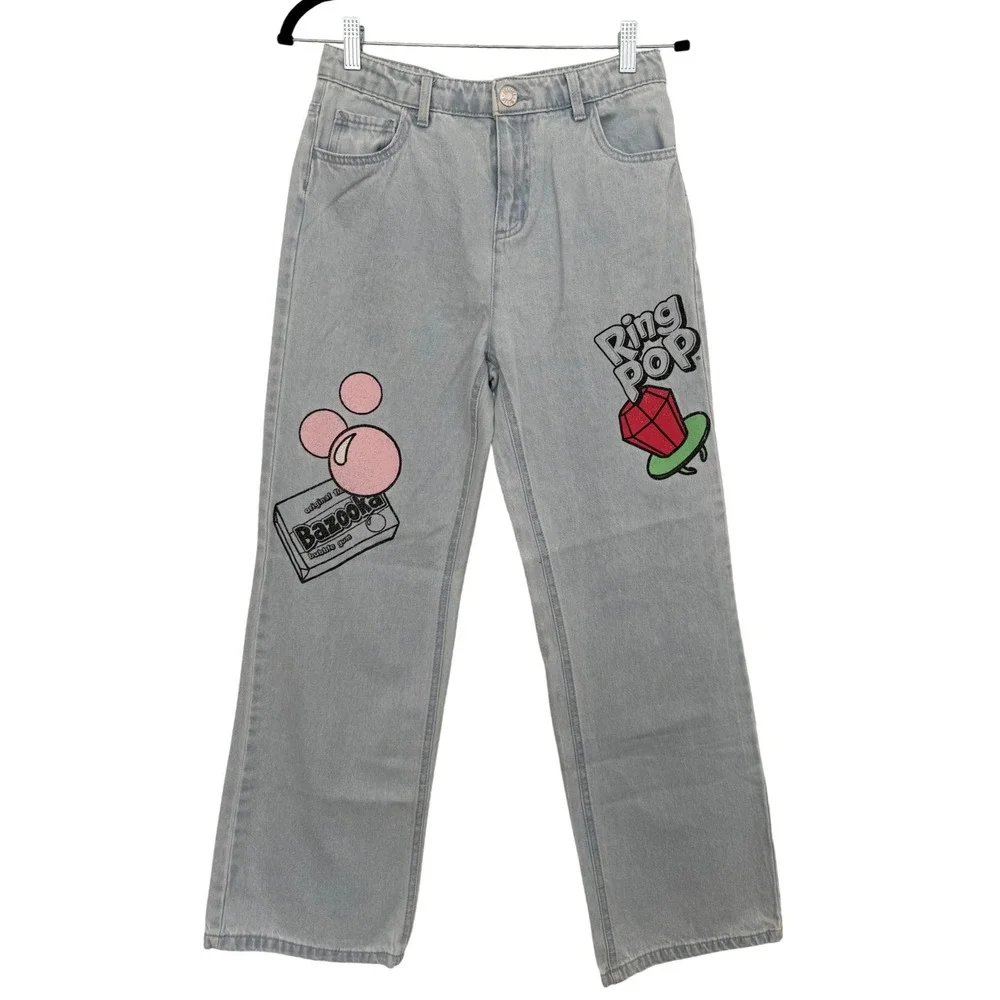 Justice Girls Bazooka Ring Pop Graphic Wide Leg Jeans Light Wash Blue Size 16